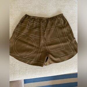 Toteme Monogram Embroidered Silk Pajama Shorts in Mocha